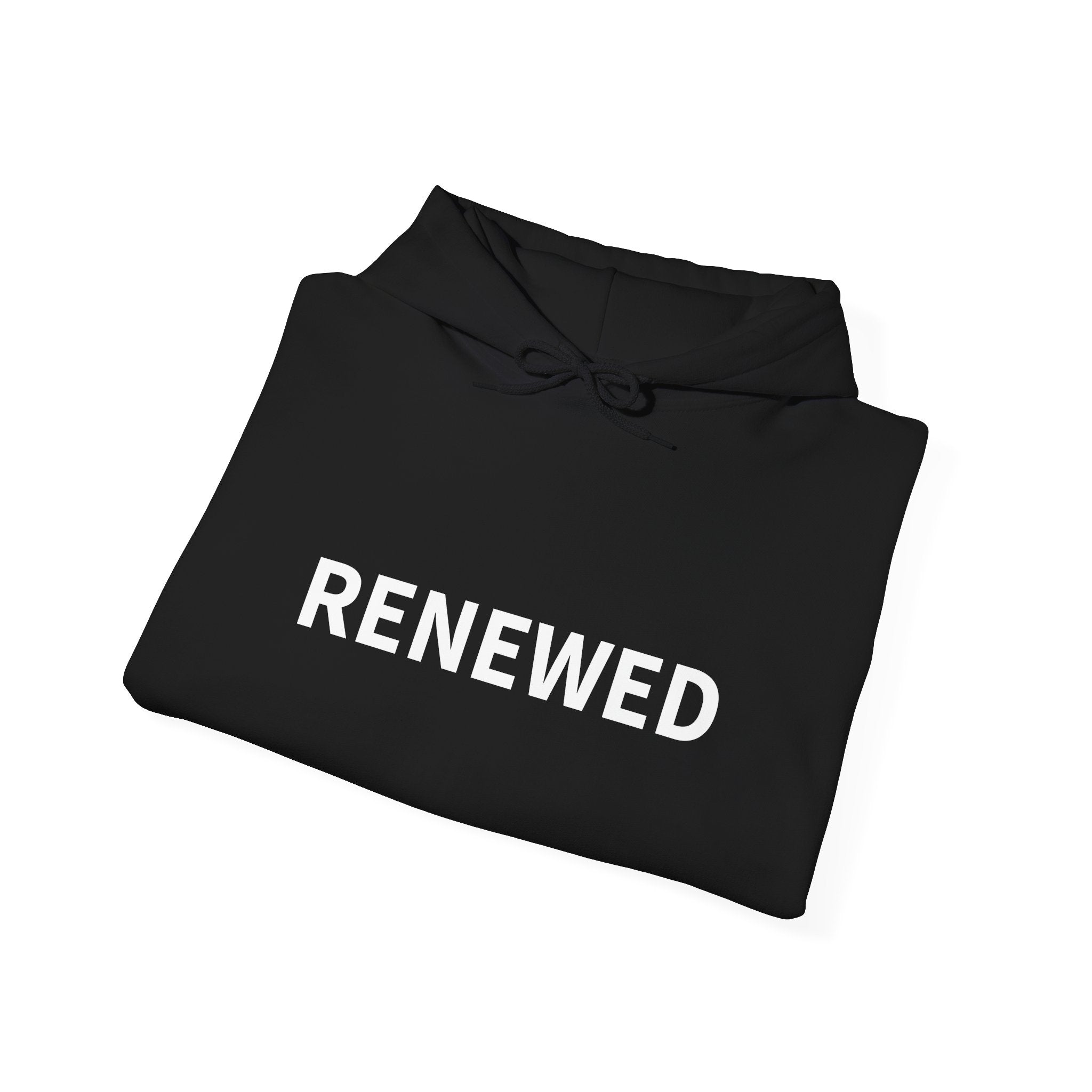 Black Renewed Hoodie | Unrenewed → Renewed back print, Do Not Conform sleeve